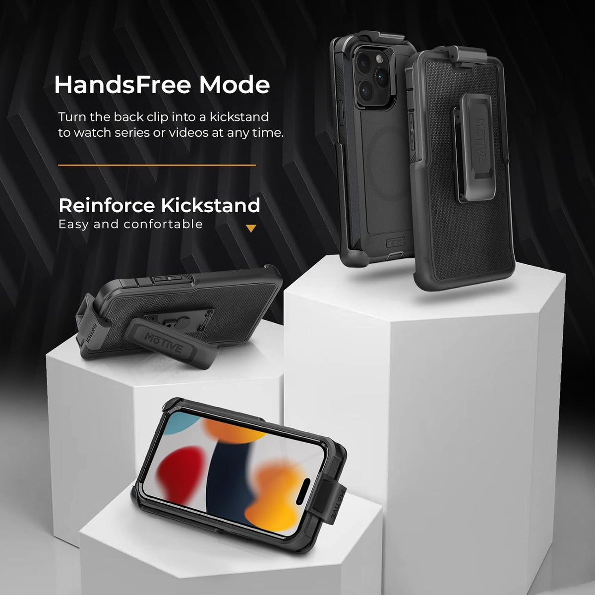 Motivecase Bunker case for iPhone 15 Pro Max displayed on pedestals highlighting landscape hands-free viewing using belt clip holster as a kickstand.