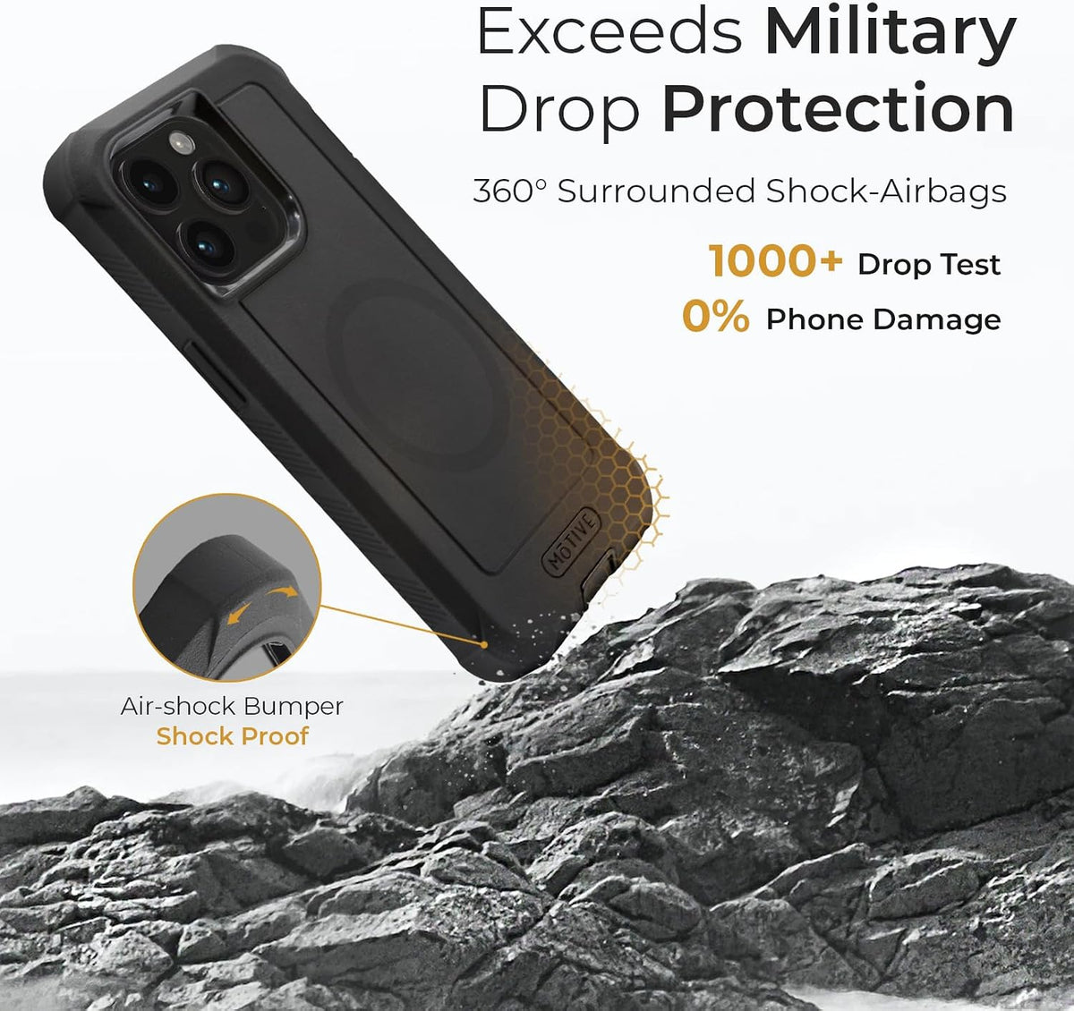 Rugged Motivecase Bunker case for iPhone 15 Pro Max showcasing military-grade drop protection with 360-degree surrounded shock airbags against rocky terrain.