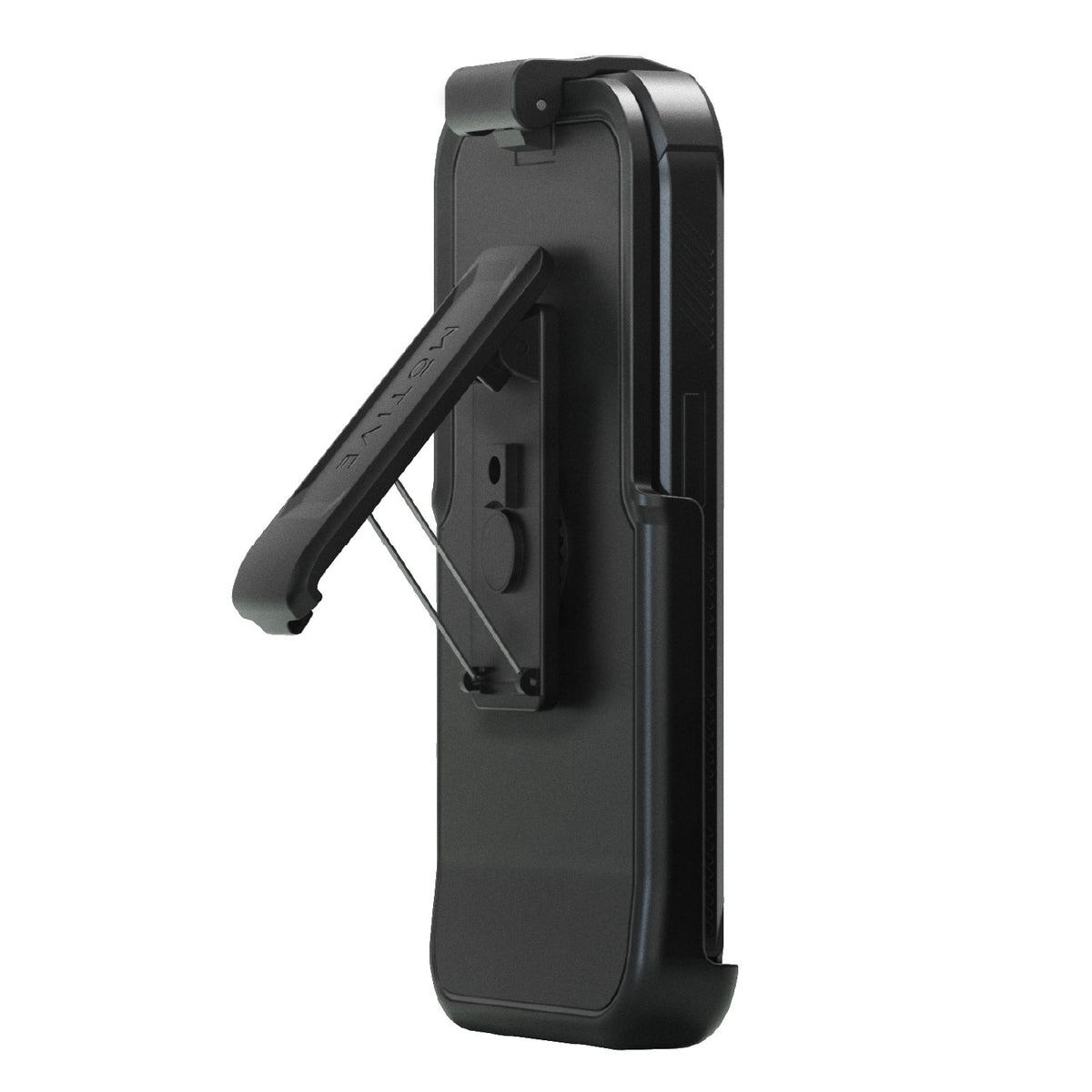 Motivecase Bunker Series phone case for iPhone 15 Pro Max featuring heavy-duty 360-degree swivel belt clip holster locked in hands-free kickstand mode.
