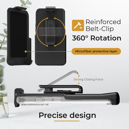 Technical diagram of Motivecase Crystal Clear Series 360-degree rotating swivel belt clip holster featuring soft microfiber lining for iPhone 15 Pro Max. **(22 words)**