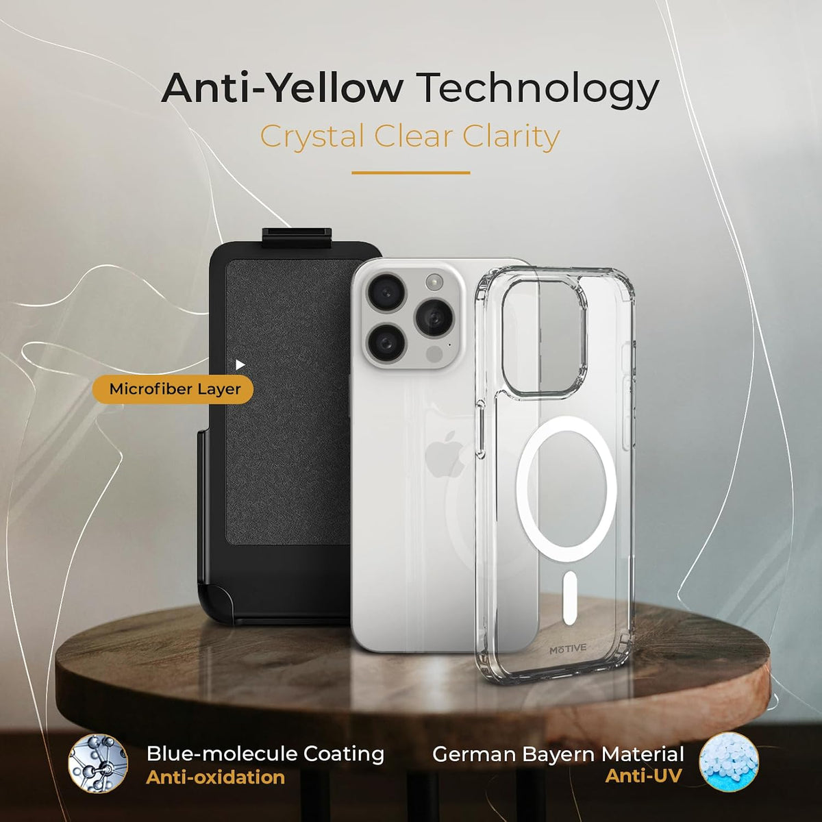 Exploded view of Motivecase Crystal Clear Series case for iPhone 15 Pro Max showing anti-yellowing Bayer TPU layer, scratch resistance, and holster backplate. **(23 words)**