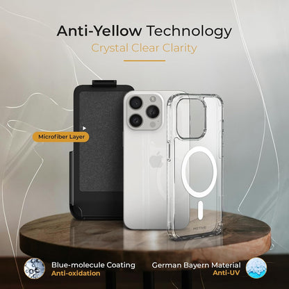 Exploded view of Motivecase Crystal Clear Series case for iPhone 15 Pro Max showing anti-yellowing Bayer TPU layer, scratch resistance, and holster backplate. **(23 words)**