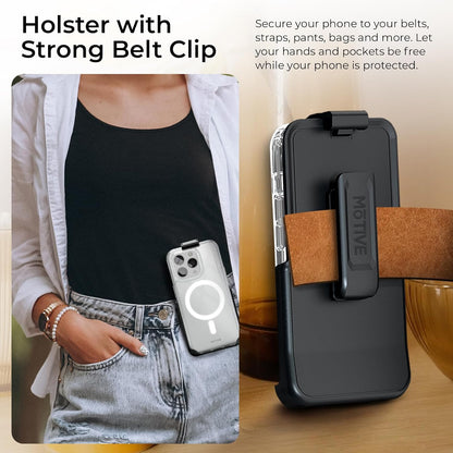 Lifestyle view of Motivecase Crystal Clear Series phone case for iPhone 15 Pro Max securely attached to waistband belt clip holster for outdoor use. **(24 words)**