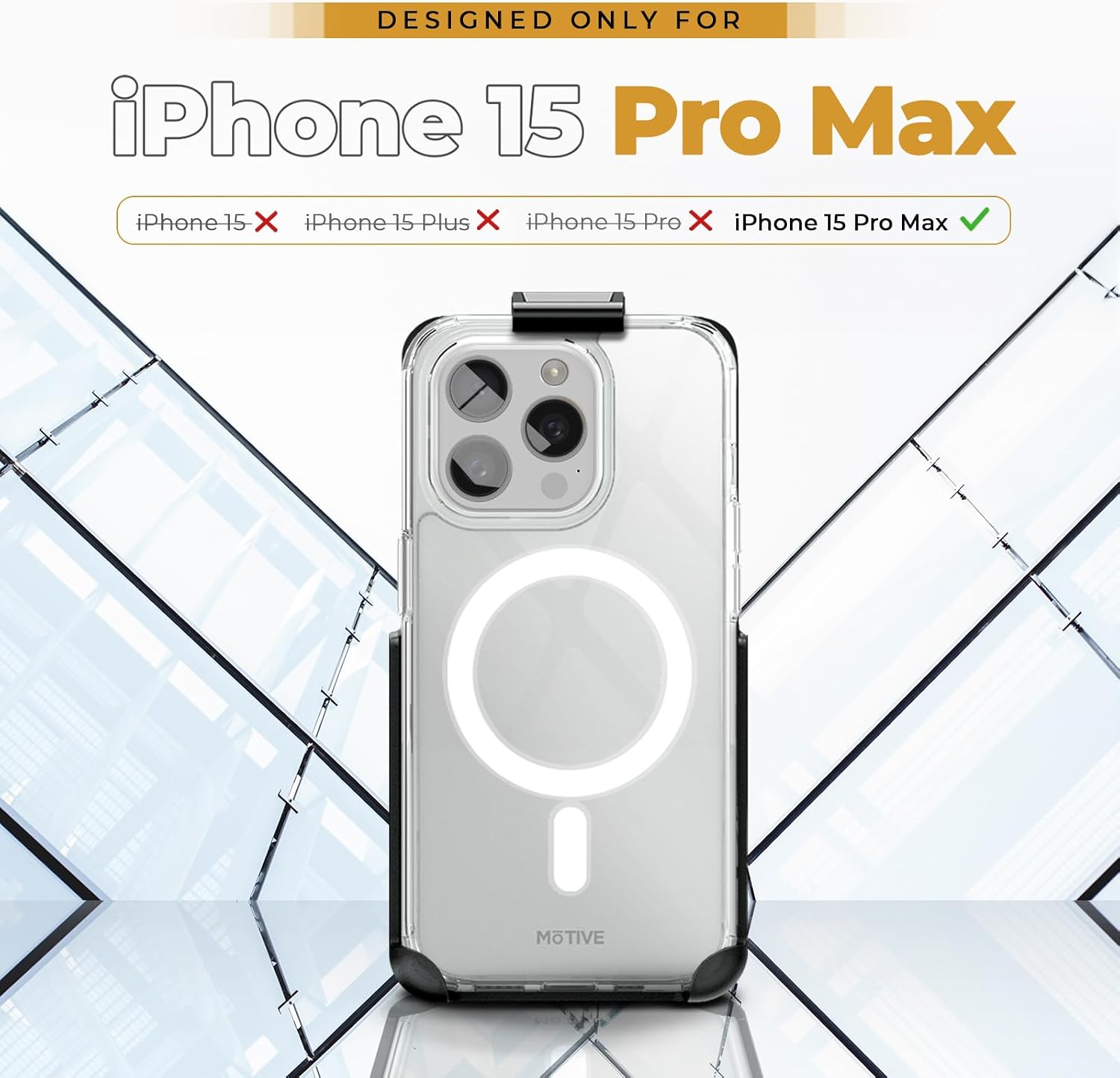 Official device sizing and model compatibility chart for Motivecase Crystal Clear Series protective phone case designed specifically for iPhone 15 Pro Max. **(22 words)**