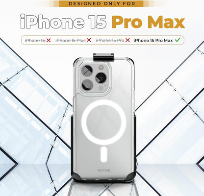 Official device sizing and model compatibility chart for Motivecase Crystal Clear Series protective phone case designed specifically for iPhone 15 Pro Max. **(22 words)**
