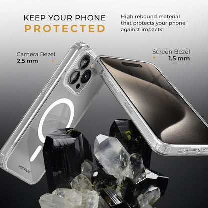 Front and rear view of Motivecase Crystal Clear Series clear case for iPhone 15 Pro Max resting on quartz rocks displaying transparent back panel. **(24 words)**