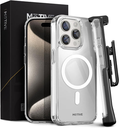 Motivecase Crystal Clear Series transparent MagSafe case for iPhone 15 Pro Max featuring drop protection, rotating belt clip holster, and original packaging. **(22 words)**