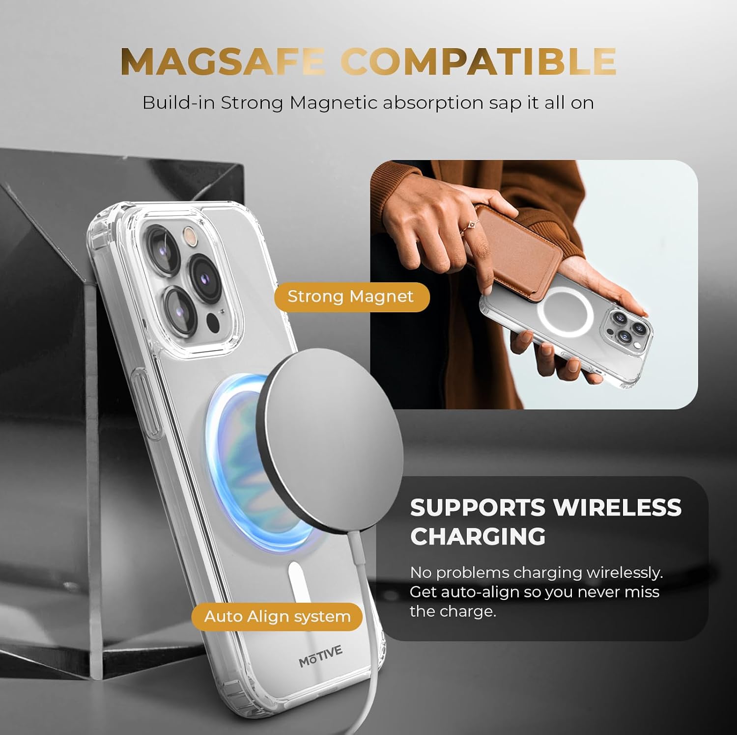 Motivecase Crystal Clear Series clear phone case for iPhone 15 Pro Max displaying strong MagSafe magnetic ring alignment with wireless charger and magnetic wallet. **(24 words)**