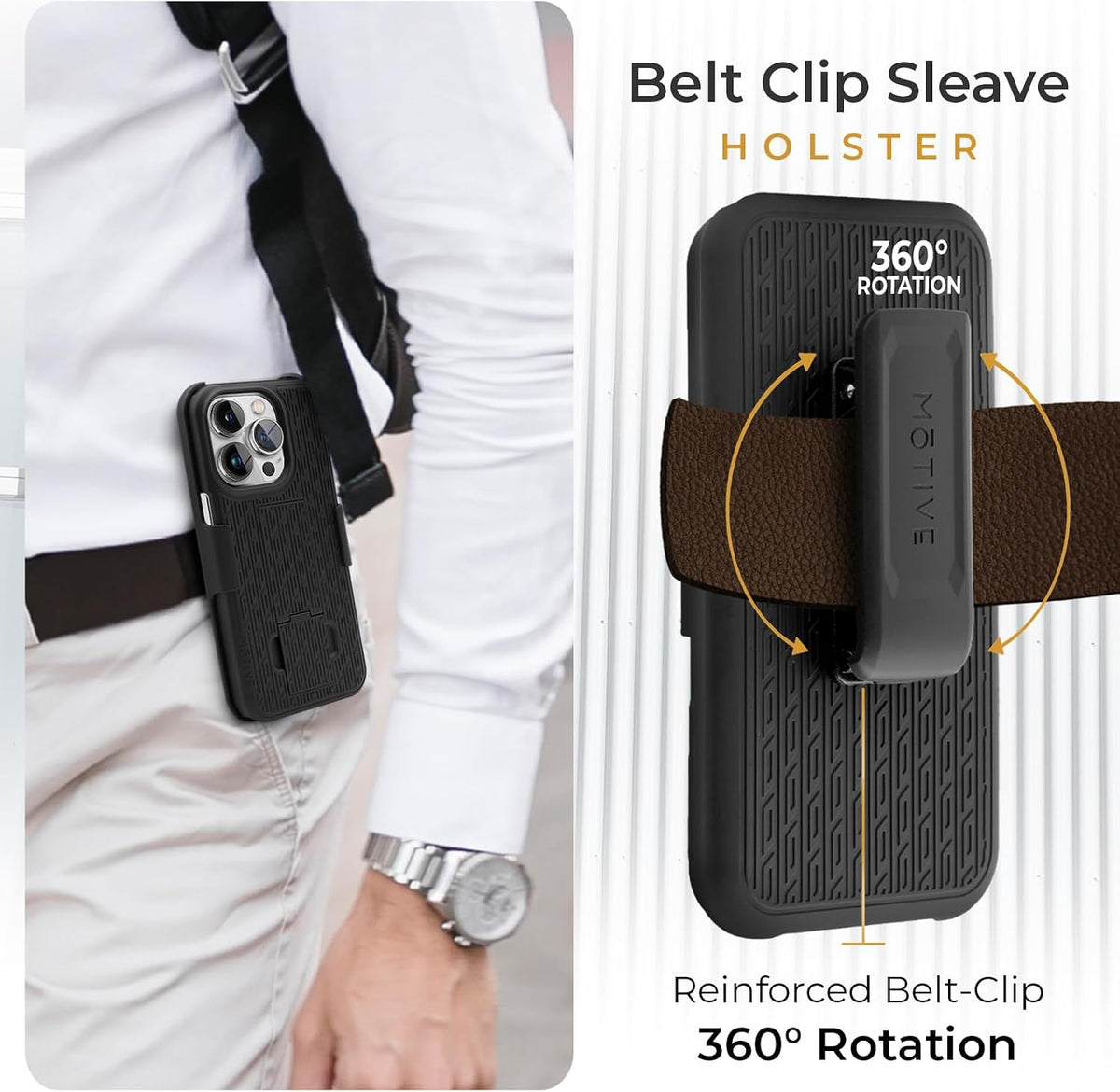 Motivecase Ranger V1 heavy-duty protective phone case for iPhone 15 Pro Max featuring rugged drop protection and belt clip holster.