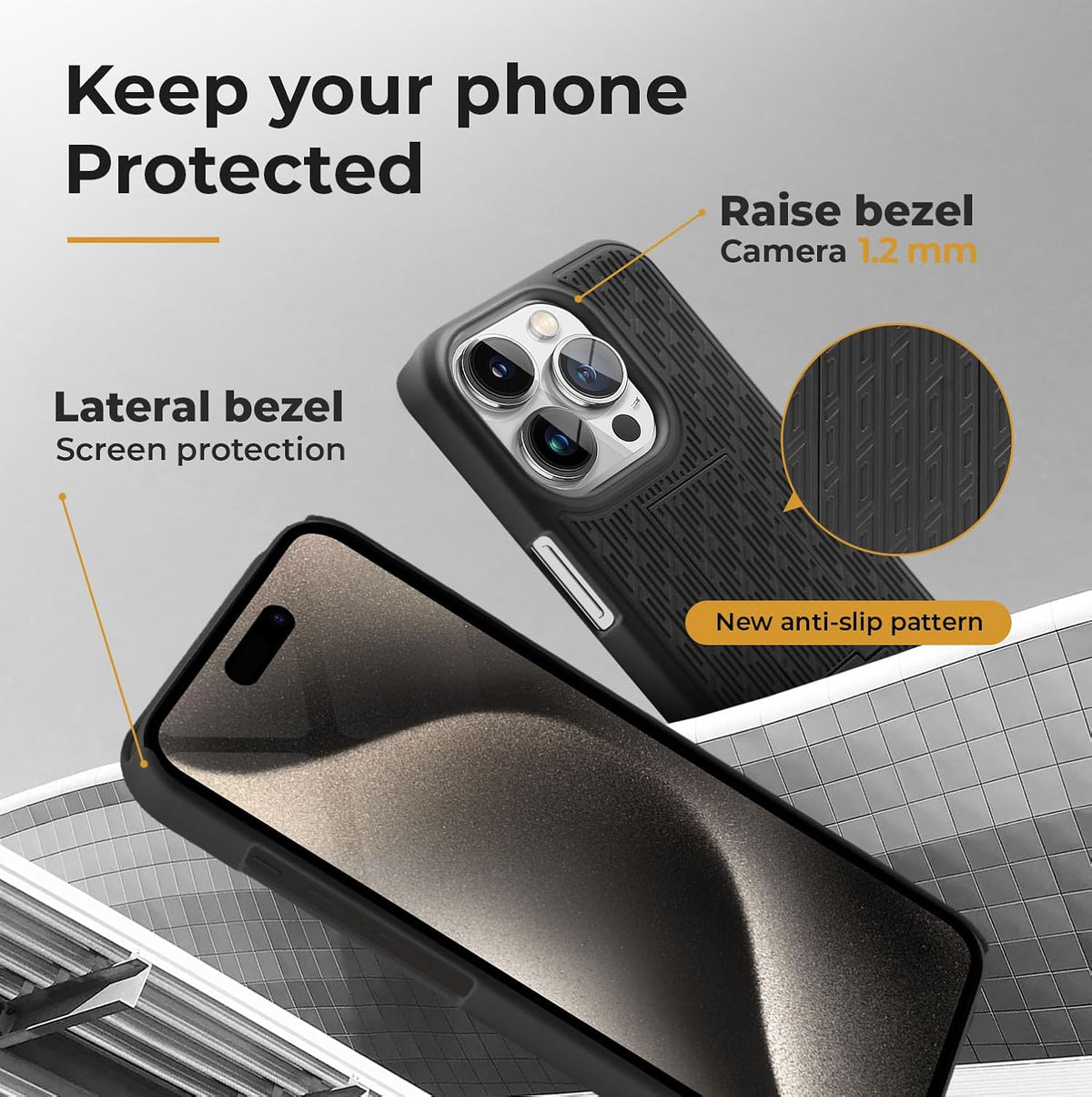 Motivecase Ranger V1 heavy-duty protective phone case for iPhone 15 Pro Max featuring rugged drop protection and belt clip holster.