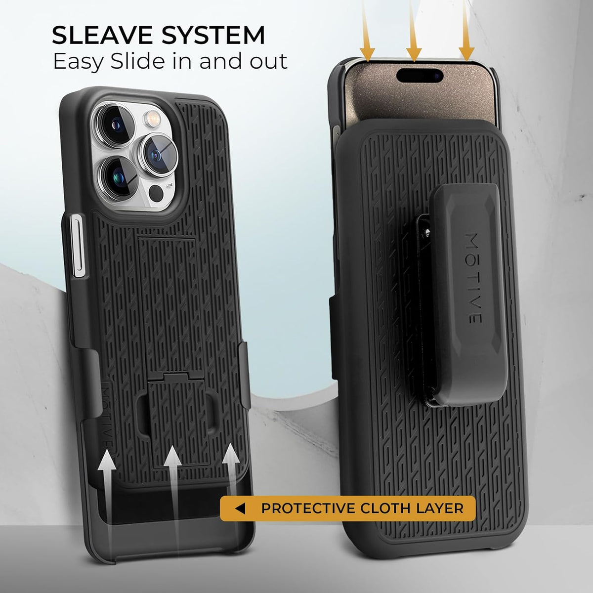 Motivecase Ranger V1 heavy-duty protective phone case for iPhone 15 Pro Max featuring rugged drop protection and belt clip holster.