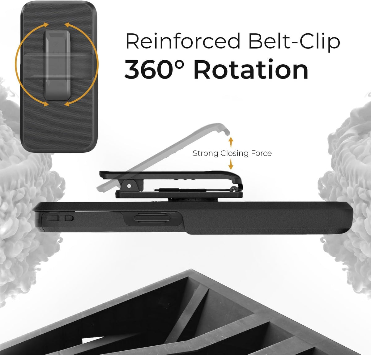 Heavy-duty Motivecase Ranger V2 phone holster for iPhone 15 Pro Max featuring durable 360-degree rotating belt clip swivel for convenient carrying.