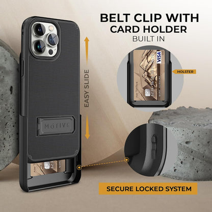 Motivecase Ranger V2 heavy-duty phone holster for iPhone 15 Pro Max featuring integrated credit card holder slot inside belt clip assembly.