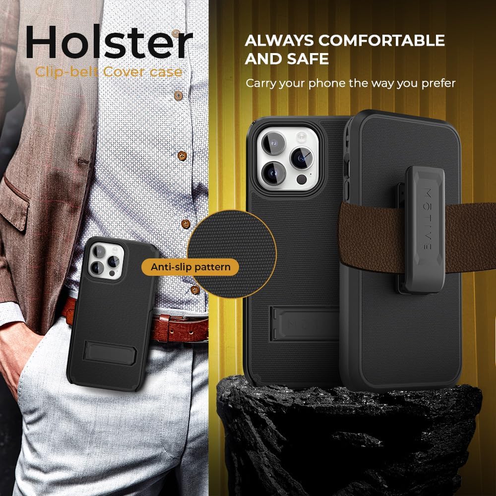 Outdoor adventure photo featuring Motivecase Ranger V2 protective case for iPhone 15 Pro Max attached to backpack strap during mountain hiking.