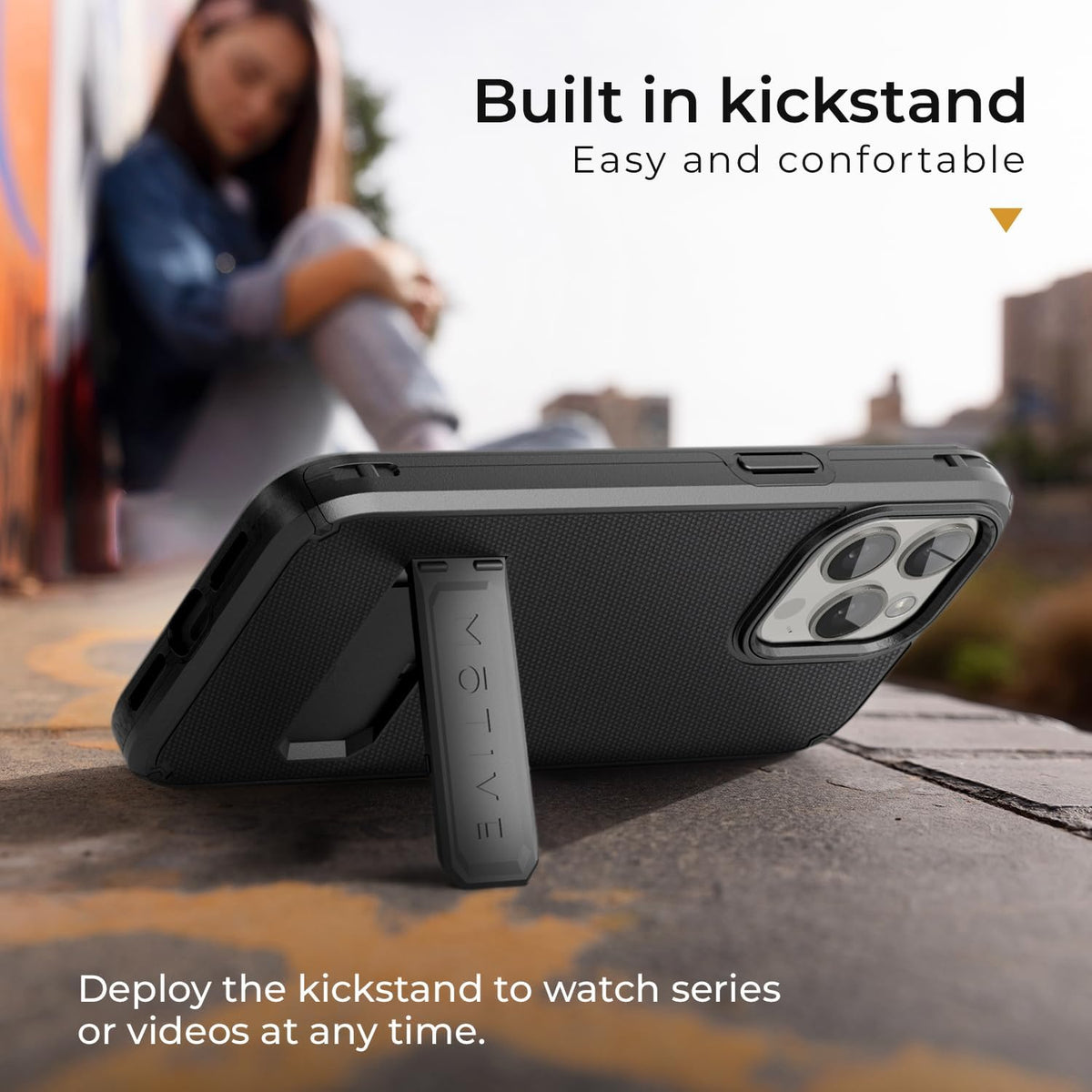Motivecase Ranger V2 heavy-duty case for iPhone 15 Pro Max standing securely using integrated multi-angle retractable kickstand for hands-free viewing.