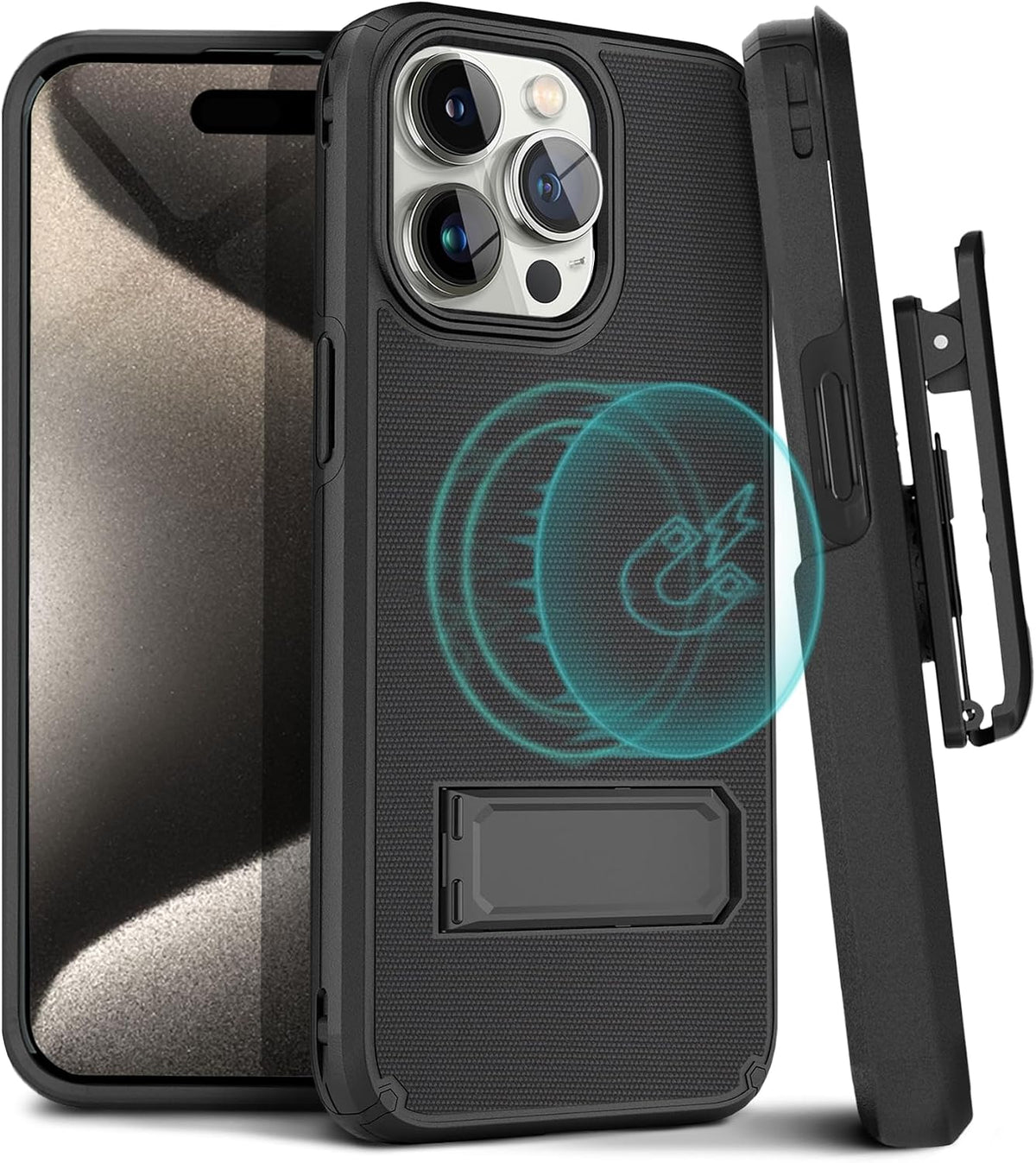 Motivecase Ranger V2 heavy-duty case for iPhone 15 Pro Max standing securely using integrated multi-angle retractable kickstand for hands-free viewing.