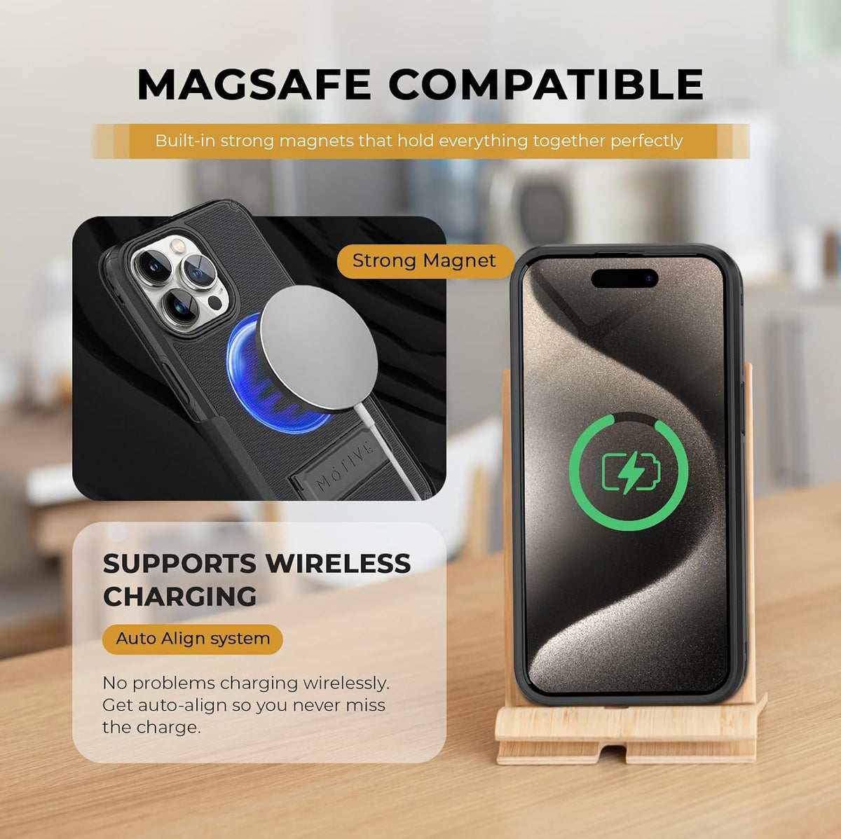 Motivecase Ranger V2 heavy-duty magnetic case for iPhone 15 Pro Max demonstrating seamless MagSafe wireless charging compatibility and alignment.