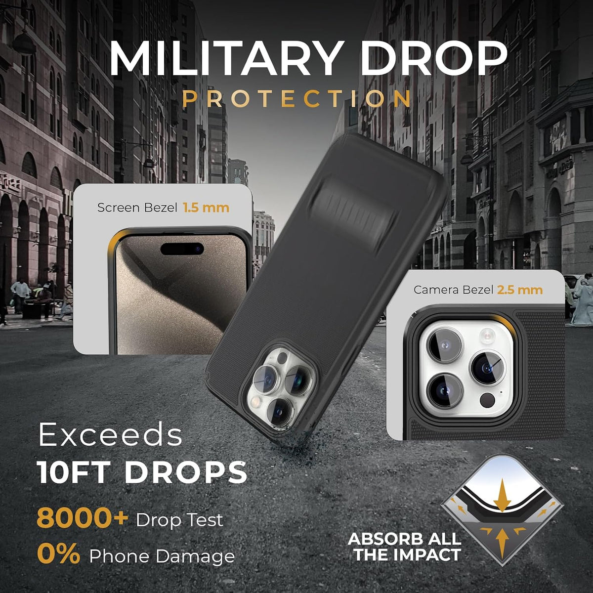 Motivecase Ranger V2 military-grade protective case for iPhone 15 Pro Max highlighting reinforced shockproof corner bumpers against extreme drop impacts.