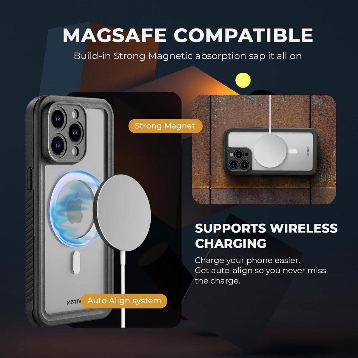 Motivecase Waterproof Series transparent case for iPhone 15 Pro Max showing built-in MagSafe magnetic ring alignment for fast magnetic wireless charging. **(21 words)**
