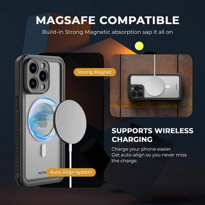 Motivecase Waterproof Series transparent case for iPhone 15 Pro Max showing built-in MagSafe magnetic ring alignment for fast magnetic wireless charging. **(21 words)**