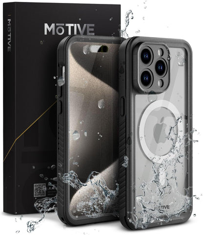 Motivecase Waterproof Series case for iPhone 15 Pro Max displayed alongside the official Motive product packaging box with dynamic water splashes. **(21 words)**