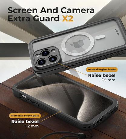 Detailed close-up of Motivecase Waterproof Series iPhone 15 Pro Max case emphasizing raised 2.5mm camera lens bezel and 1.2mm screen guard protection. **(22 words)**