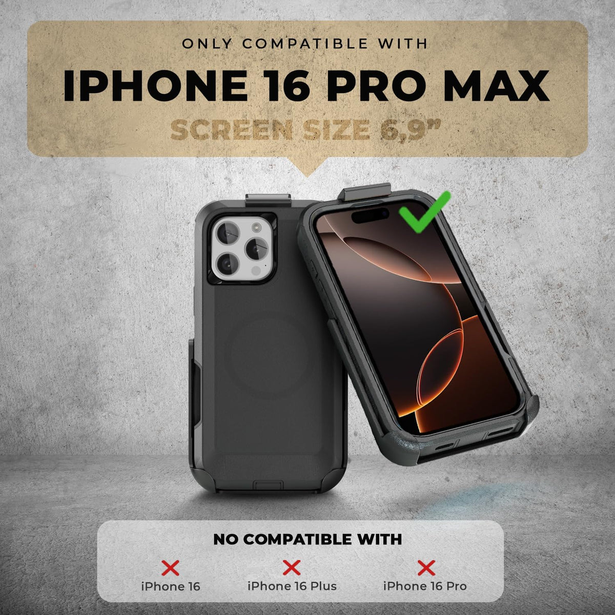 Device compatibility chart graphic for Motivecase Bunker case confirming precise custom fit exclusively for Apple iPhone 16 Pro Max 6.9-inch smartphone.