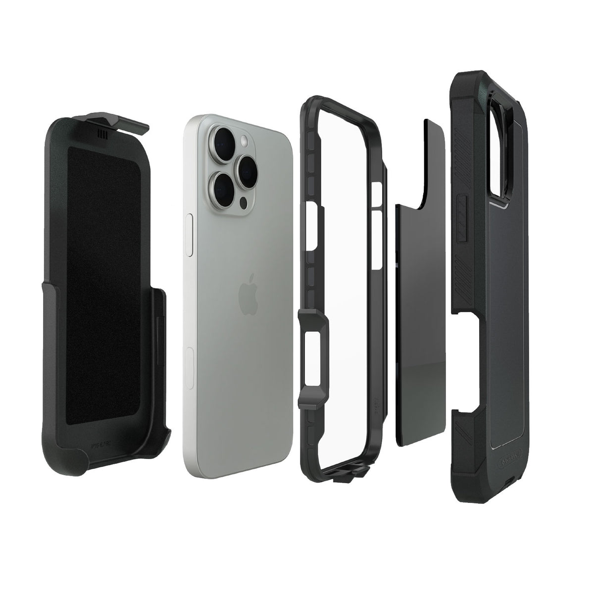 Exploded multi-layer protection diagram of Motivecase Bunker case for iPhone 16 Pro Max highlighting felt-lined holster, rigid front frame, and shockproof MagSafe armor.