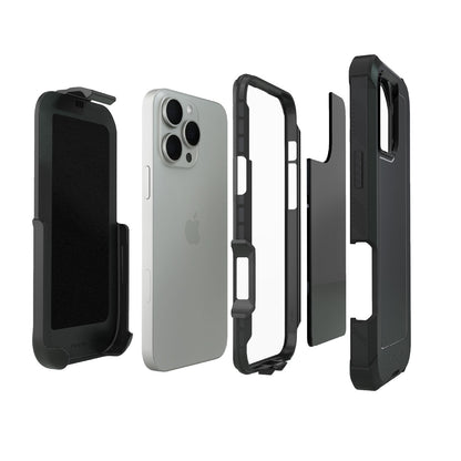 Exploded multi-layer protection diagram of Motivecase Bunker case for iPhone 16 Pro Max highlighting felt-lined holster, rigid front frame, and shockproof MagSafe armor.