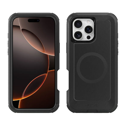 Motivecase Bunker Series case for iPhone 16 Pro Max shown in full body front screen display view and heavy-duty shockproof back cover view.