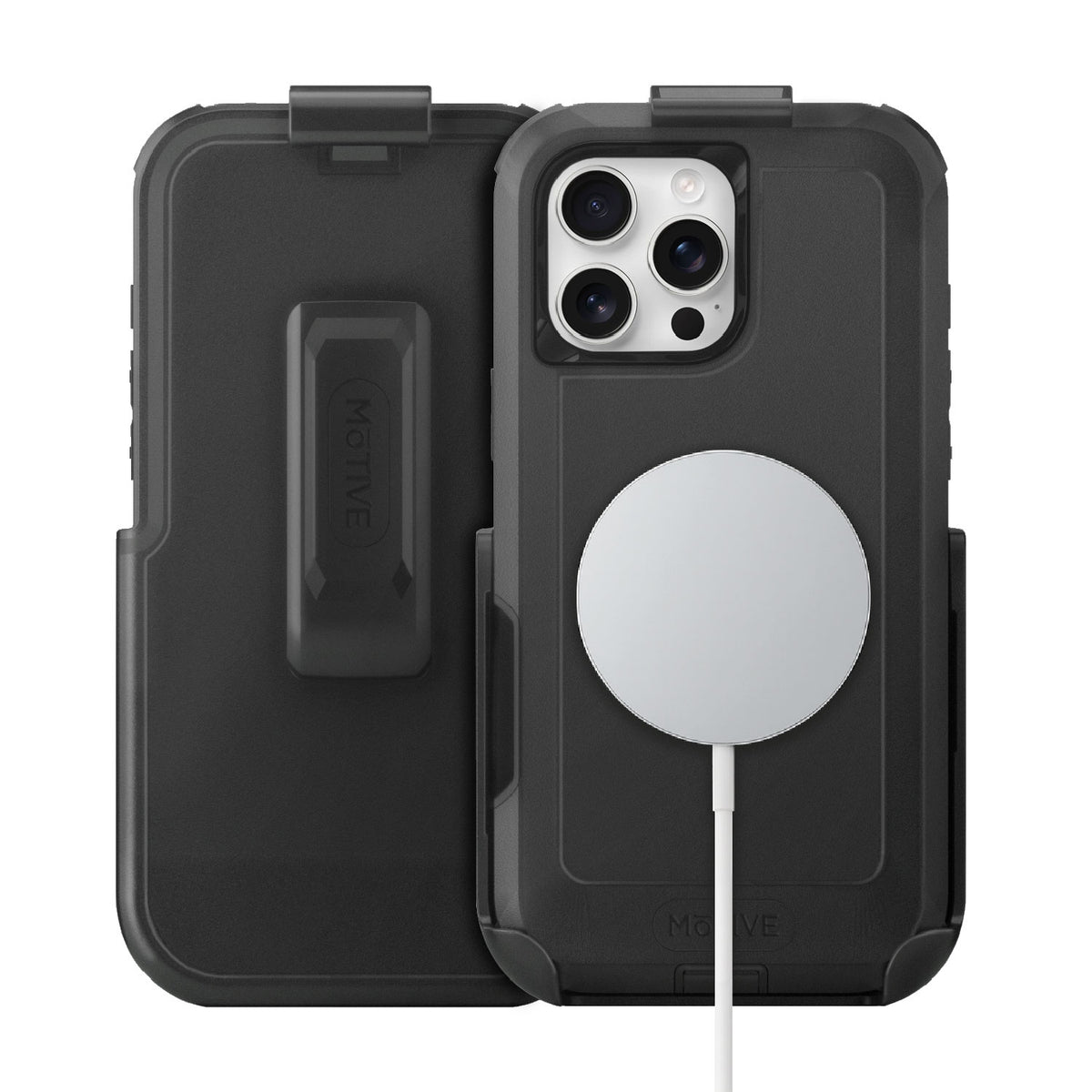 Motivecase Bunker Series phone case combo for iPhone 16 Pro Max featuring heavy-duty MagSafe armor back cover and detachable swivel belt clip holster.