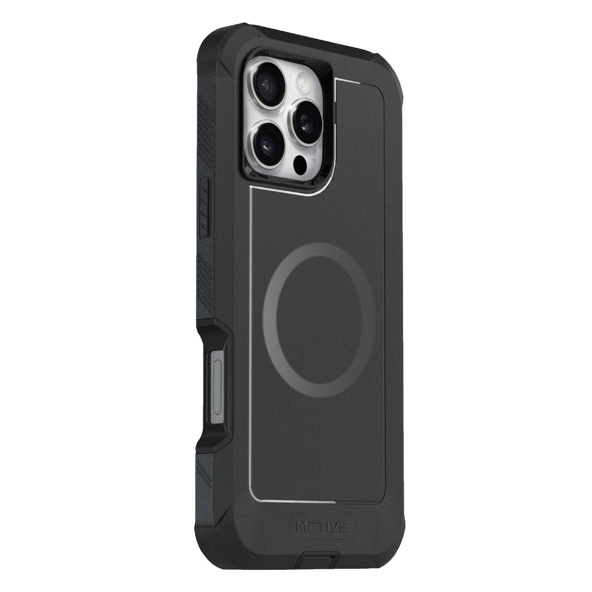 Motivecase Bunker Series heavy-duty protective case for iPhone 16 Pro Max displaying rugged shockproof corners, MagSafe ring, and triple camera lens cutouts.