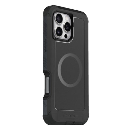 Motivecase Bunker Series heavy-duty protective case for iPhone 16 Pro Max displaying rugged shockproof corners, MagSafe ring, and triple camera lens cutouts.