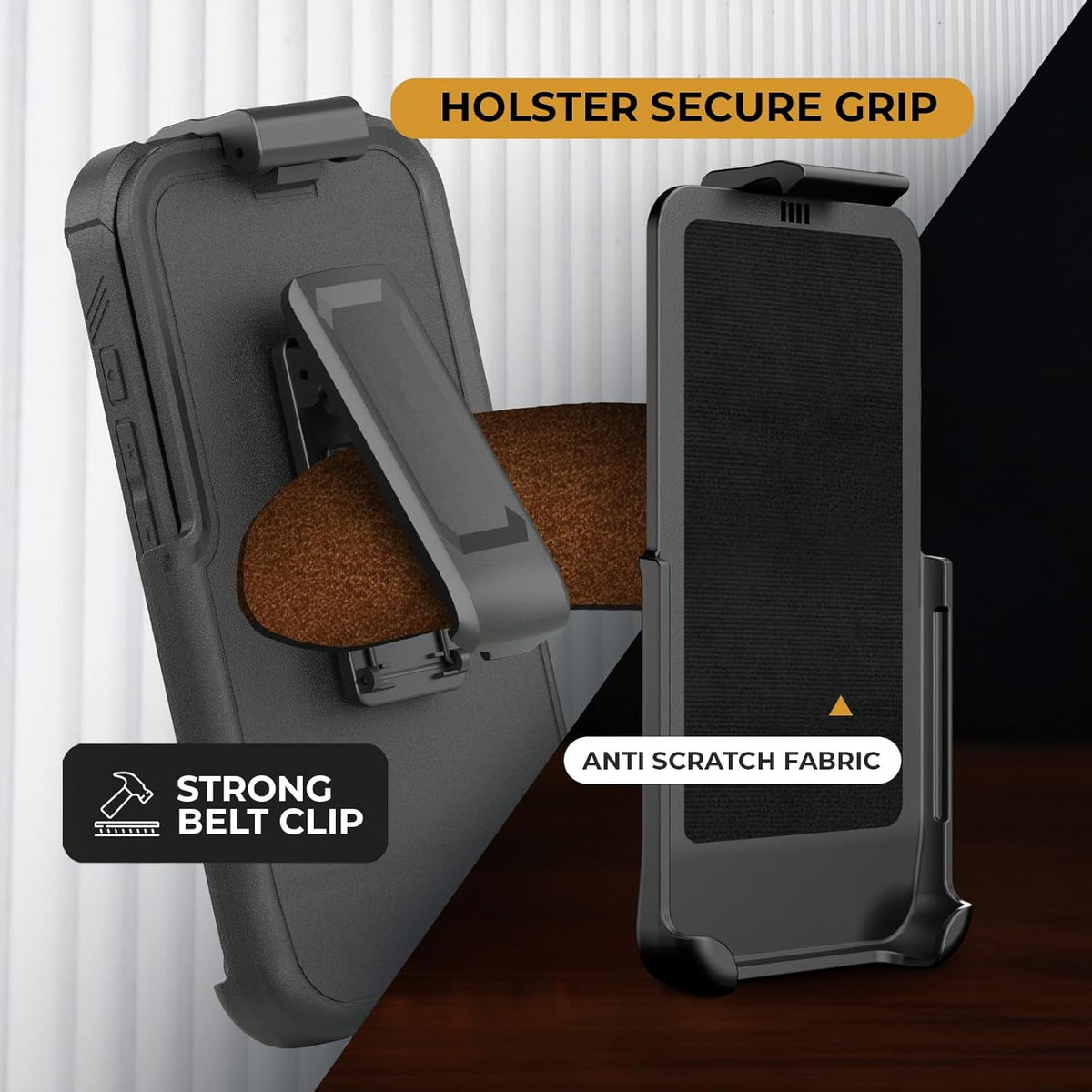 Motivecase Bunker Series holster case for iPhone 16 Pro Max displaying strong belt clip mechanism and protective anti-scratch fabric lining.