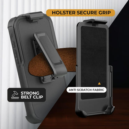 Motivecase Bunker Series holster case for iPhone 16 Pro Max displaying strong belt clip mechanism and protective anti-scratch fabric lining.