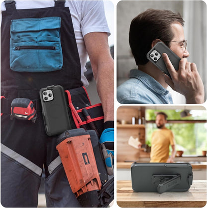 Construction worker at job site wearing Motivecase Bunker case for iPhone 16 Pro Max attached securely to tool belt clip holster.
