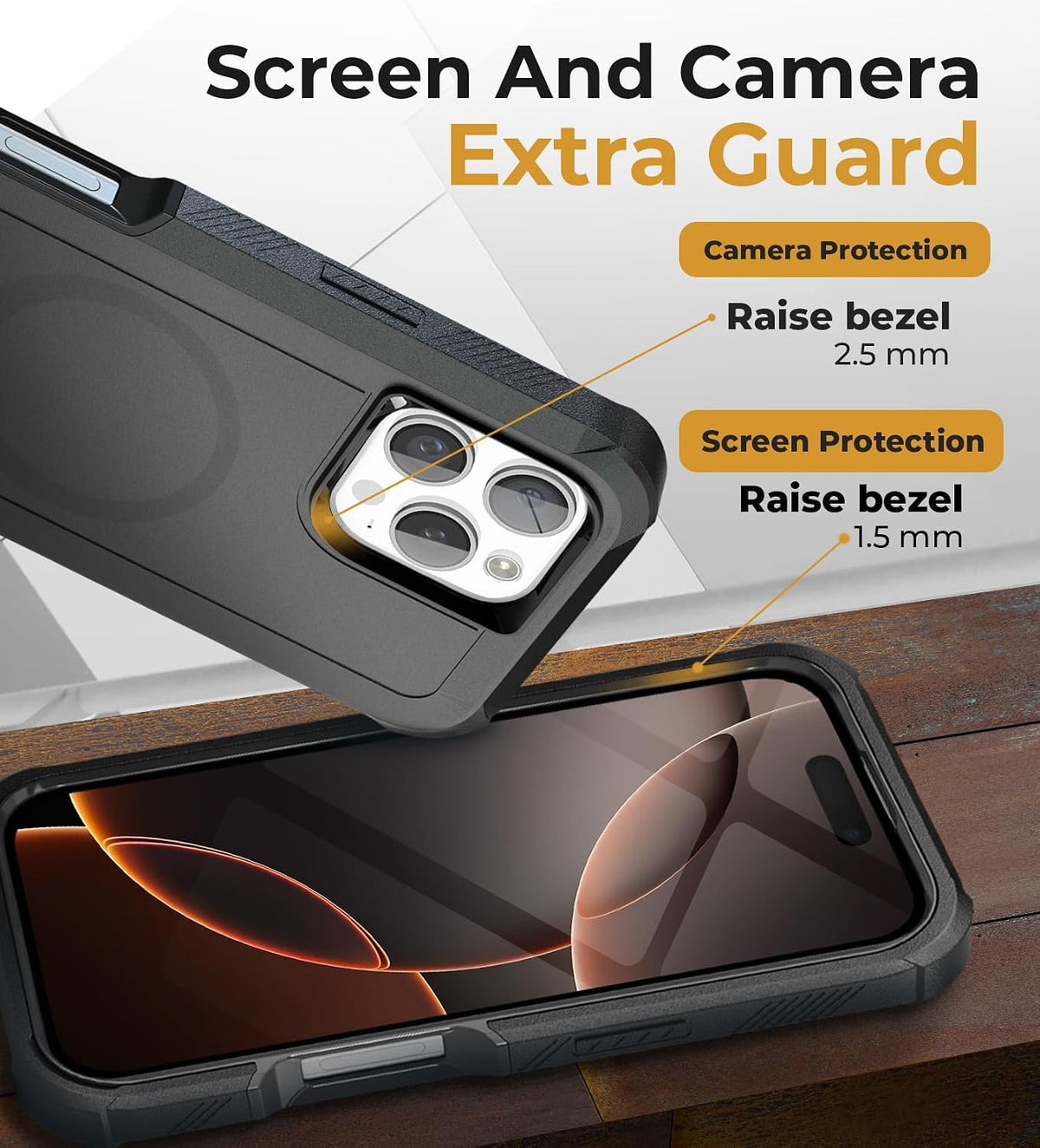 Close-up technical diagram of Motivecase Bunker case for iPhone 16 Pro Max specifying 2.5mm raised camera bezel and 1.5mm screen edge defense.
