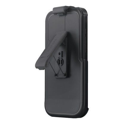 Motivecase Bunker Series phone case for iPhone 16 Pro Max featuring heavy-duty 360-degree swivel belt clip holster locked in hands-free kickstand mode.