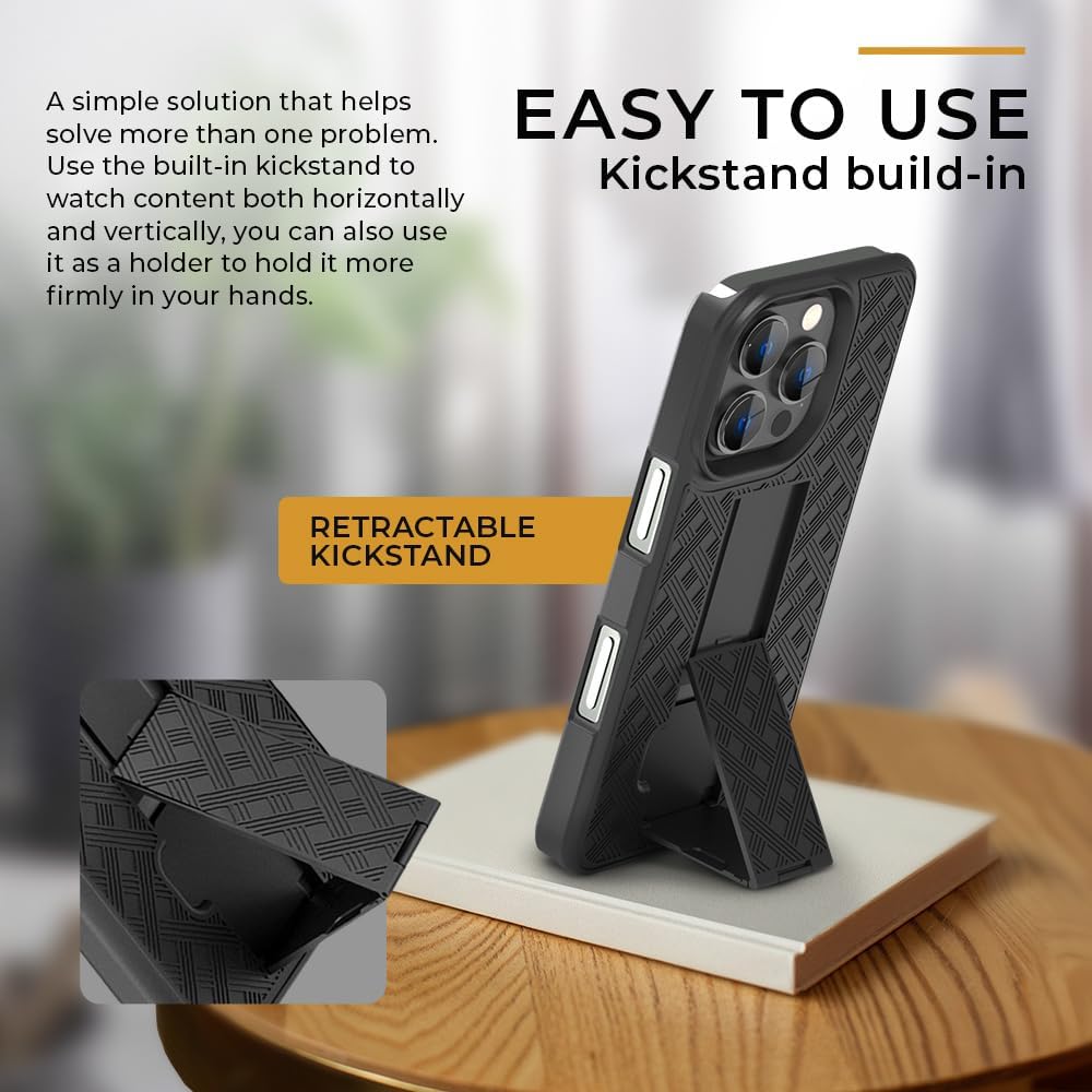 Motivecase Ranger V1 phone case for iPhone 16 Pro Max with graphic detailing built-in kickstand feature for vertical viewing.