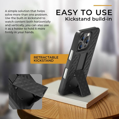 Motivecase Ranger V1 phone case for iPhone 16 Pro Max with graphic detailing built-in kickstand feature for vertical viewing.
