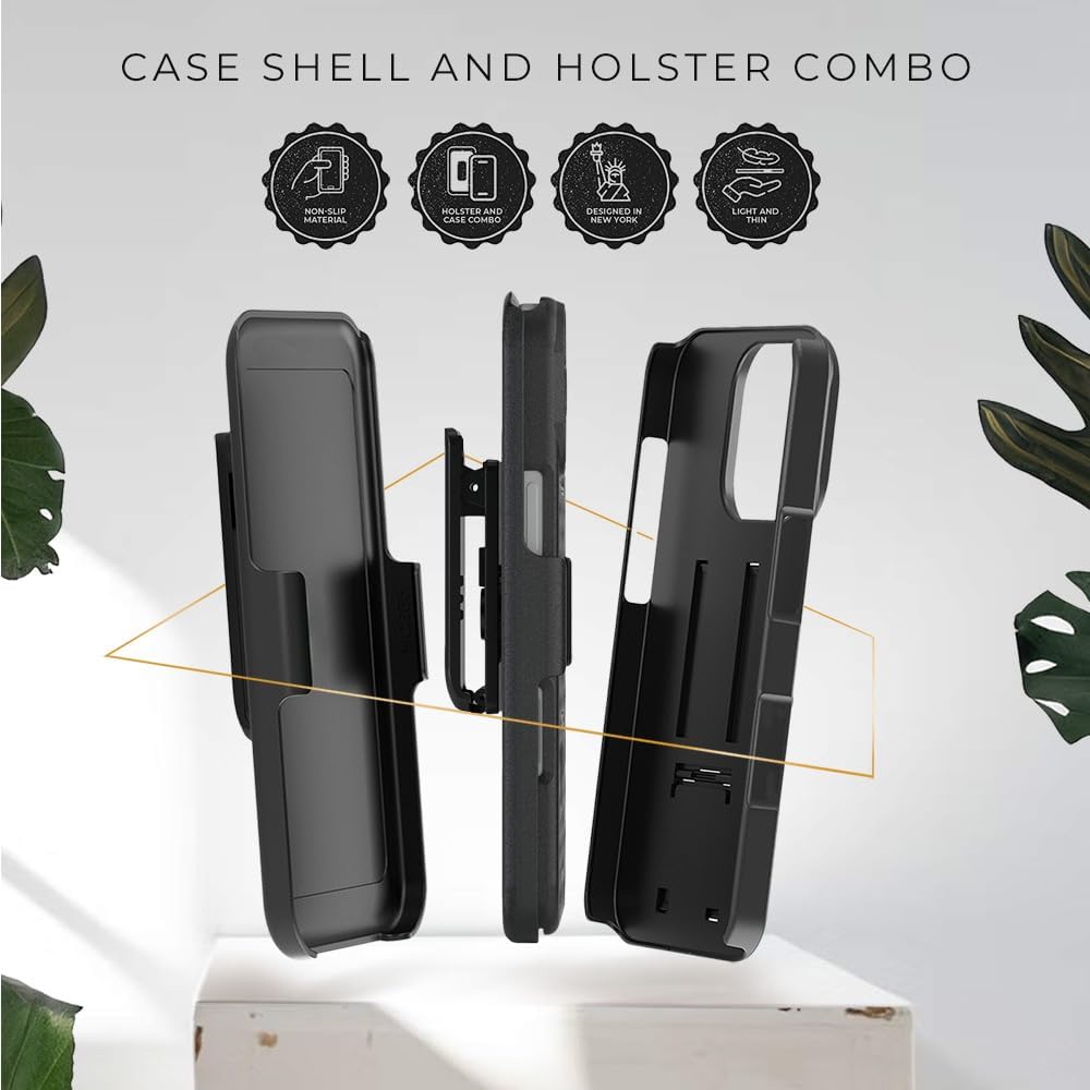 Exploded 360-degree protection diagram of Motivecase Ranger V1 case for iPhone 16 Pro Max showing dual-layer shell and clip holster.