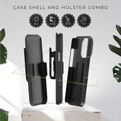 Exploded 360-degree protection diagram of Motivecase Ranger V1 case for iPhone 16 Pro Max showing dual-layer shell and clip holster.