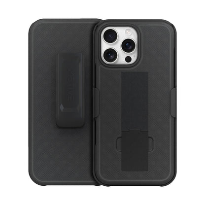Black Motivecase Ranger V1 case for iPhone 16 Pro Max featuring front screen protection, textured back cover, kickstand, and holster.