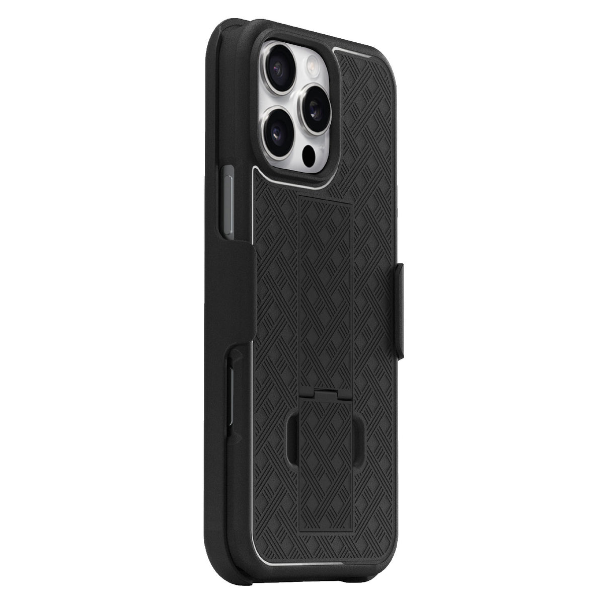 Motivecase Ranger V1 heavy-duty case for iPhone 16 Pro Max showing triple camera lens cutouts, textured pattern, and holster.