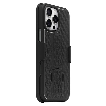 Motivecase Ranger V1 heavy-duty case for iPhone 16 Pro Max showing triple camera lens cutouts, textured pattern, and holster.