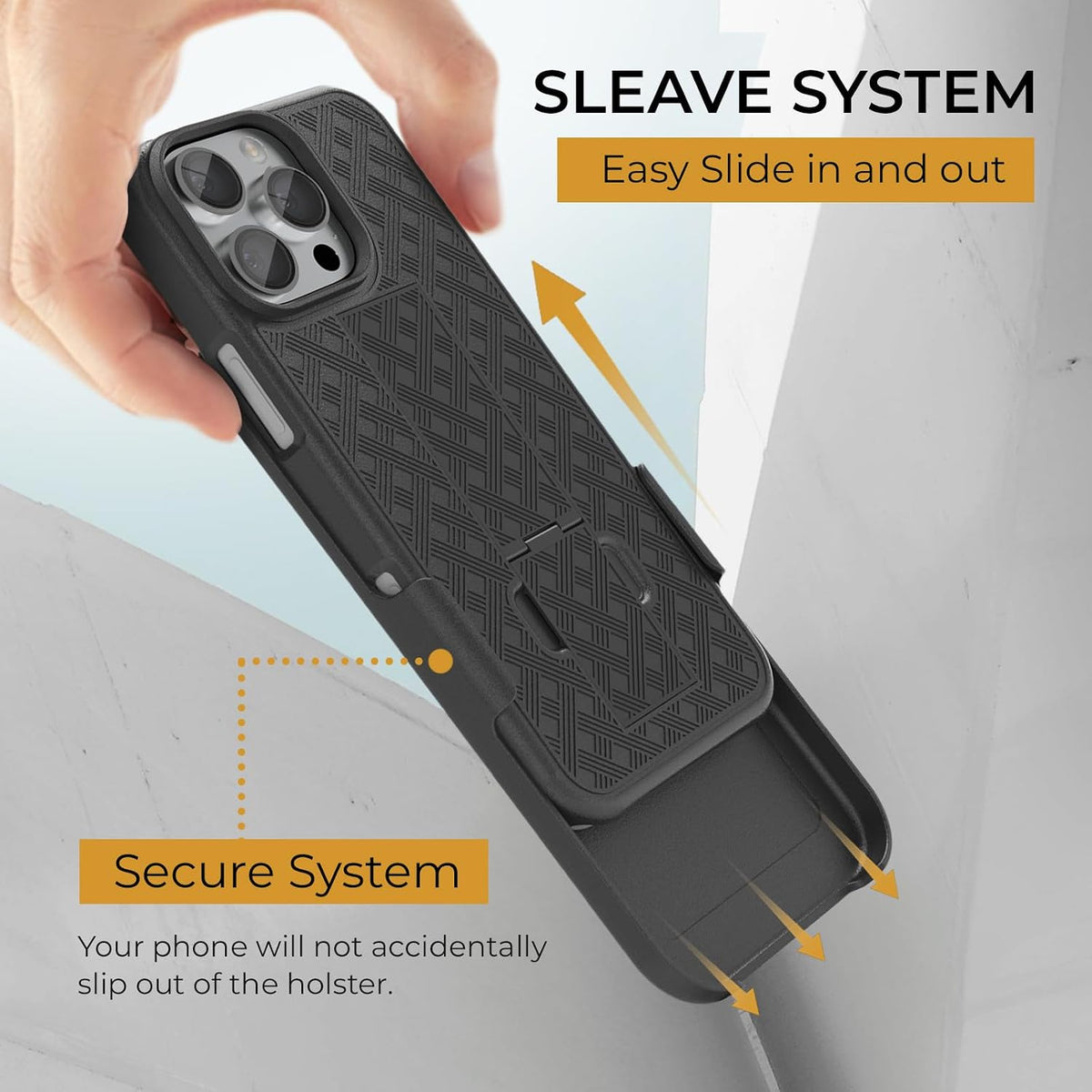 Motivecase Ranger V1 case for iPhone 16 Pro Max with feature callout for smooth slide-in sleeve holster system and soft interior.