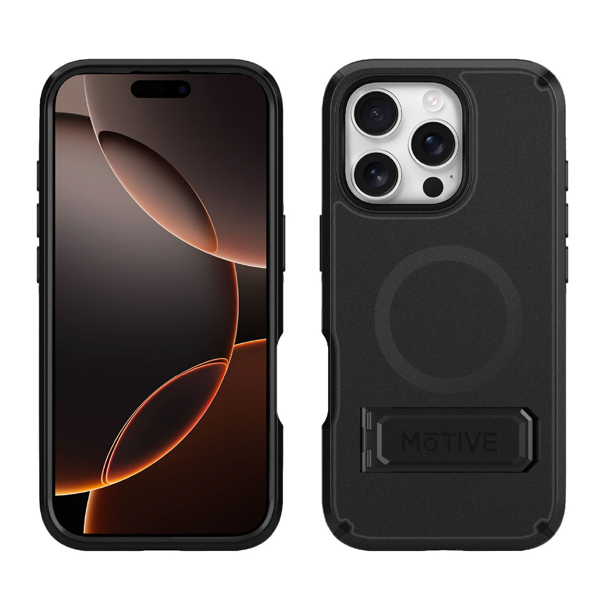 Dual-layer Motivecase Ranger V2 protective case for iPhone 16 Pro Max displayed showing both front screen glass protection and back cover.