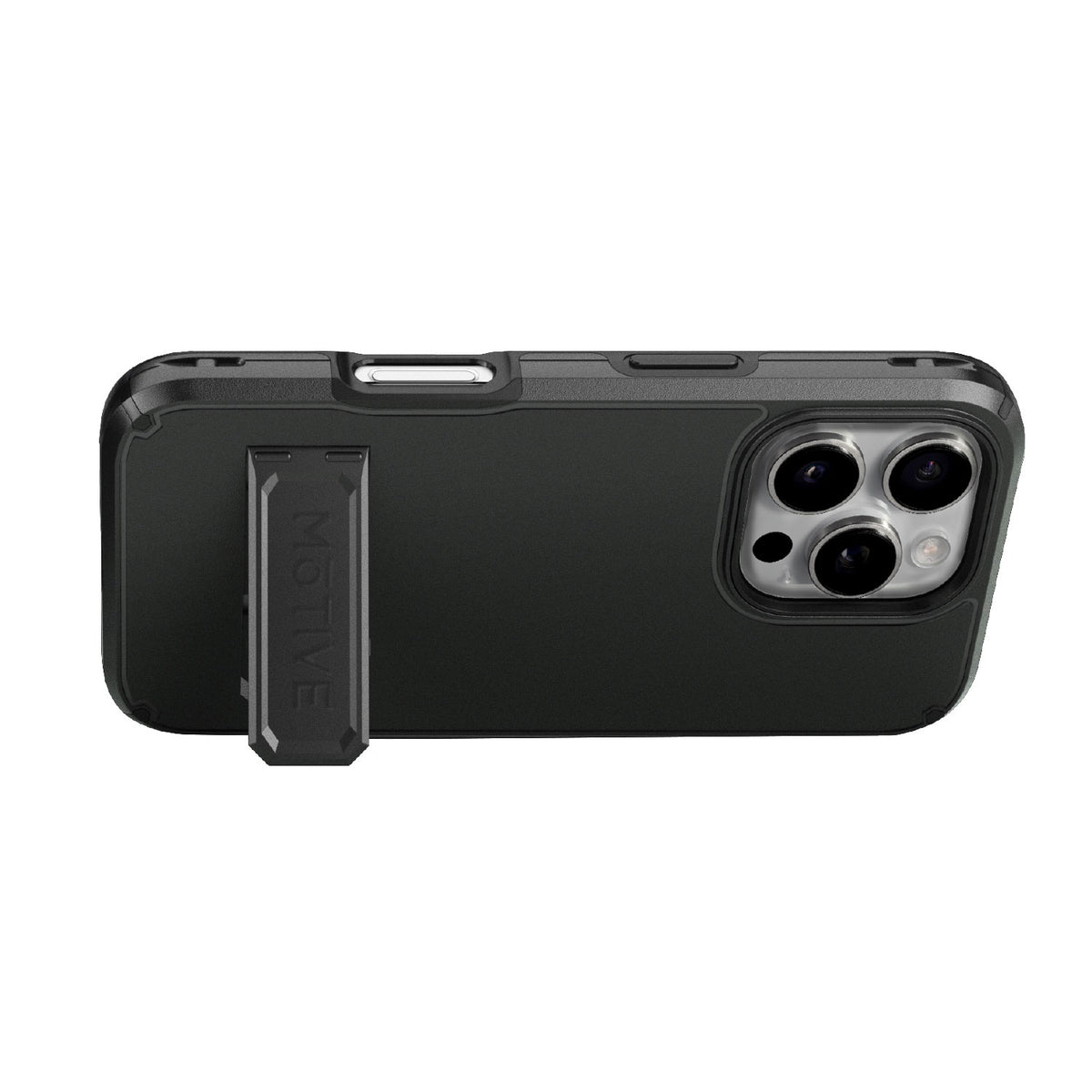 Motivecase Ranger V2 phone case for iPhone 16 Pro Max resting in landscape desktop mode using sturdy built-in retractable kickstand.