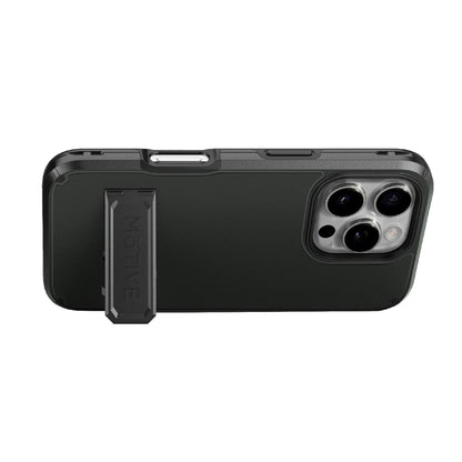 Motivecase Ranger V2 phone case for iPhone 16 Pro Max resting in landscape desktop mode using sturdy built-in retractable kickstand.