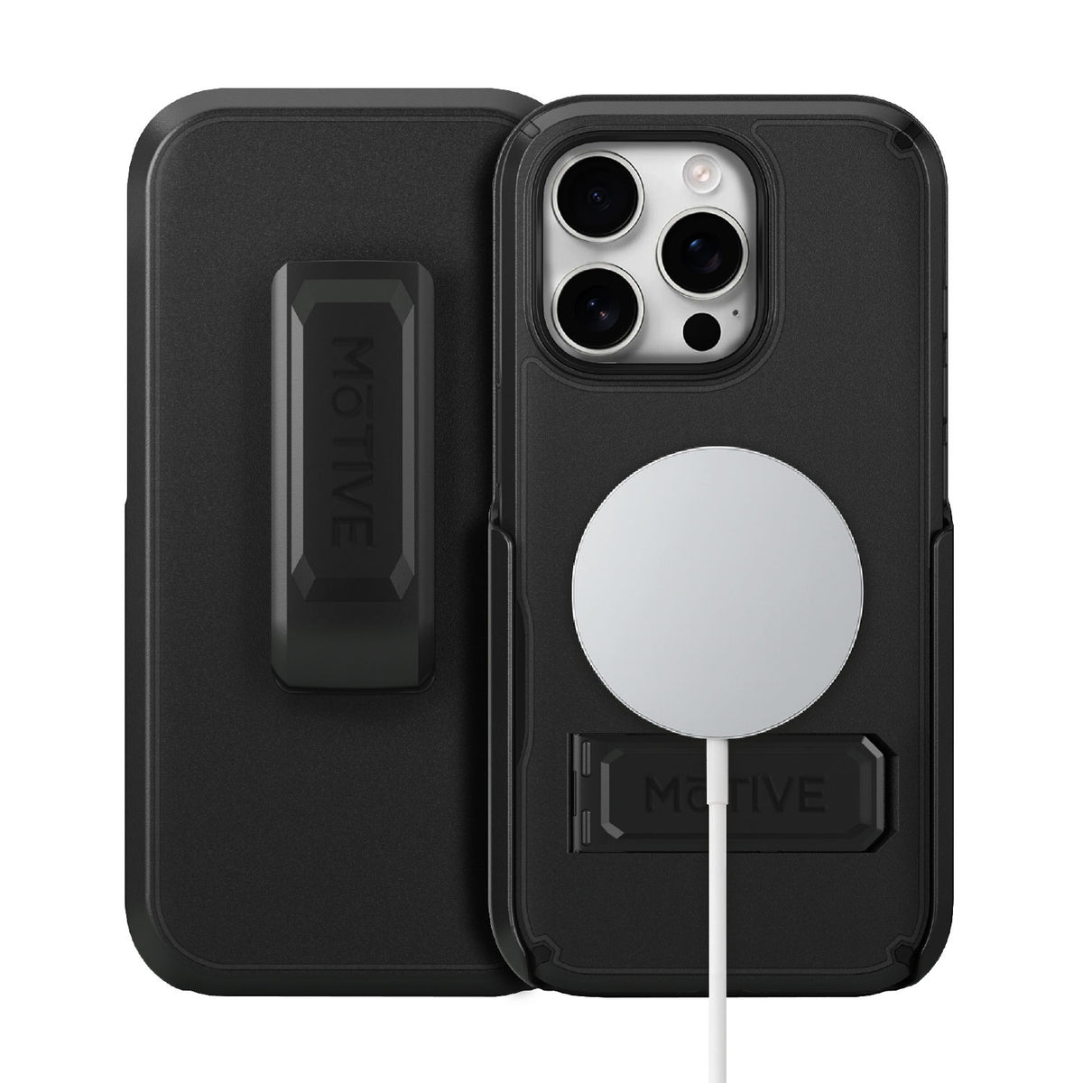 Motivecase Ranger V2 rugged case for iPhone 16 Pro Max demonstrating wireless MagSafe magnetic charging alignment next to belt clip holster.